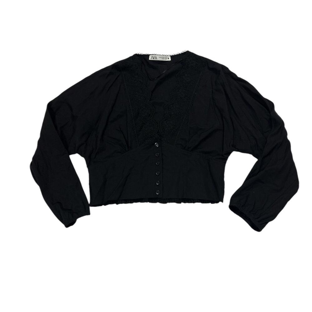 Zara Womens XS Black Long Sleeve Blouse Peasant Boho Minimalist Grunge Flirty